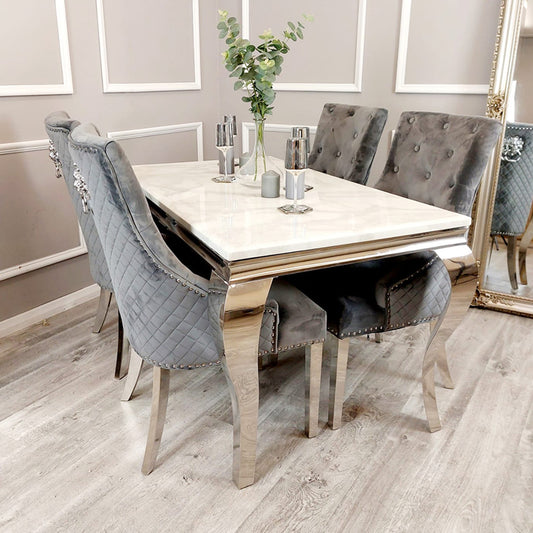 Louis 150cm Grey Marble Dining Table + 6 Dark Grey Chairs