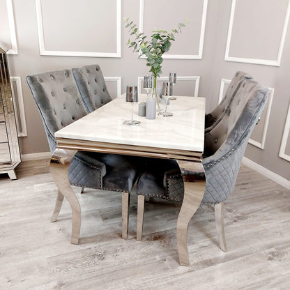 Louis Dining Table in Chrome 1.5M/1.8M With White Marble + 4/6 Dark Grey Bentley Chairs