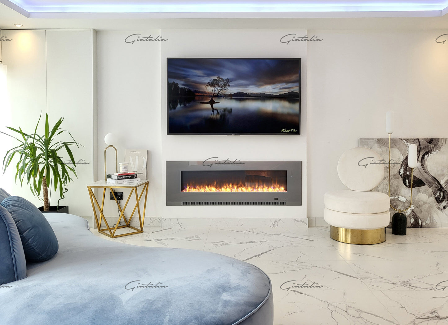 Aurora Grey 72 Inch Insert Electric Fire Colour LED Glass Wall Mounted Inset