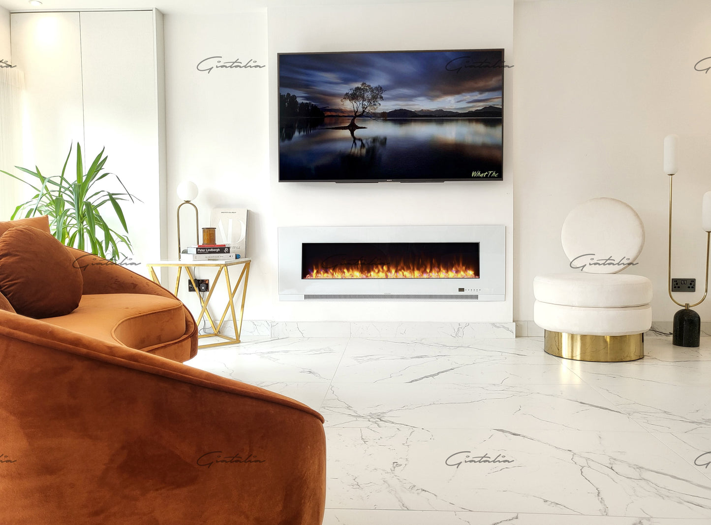 Aurora White 60 Inch Insert Electric Fire Colour LED Glass Wall Mounted Inset