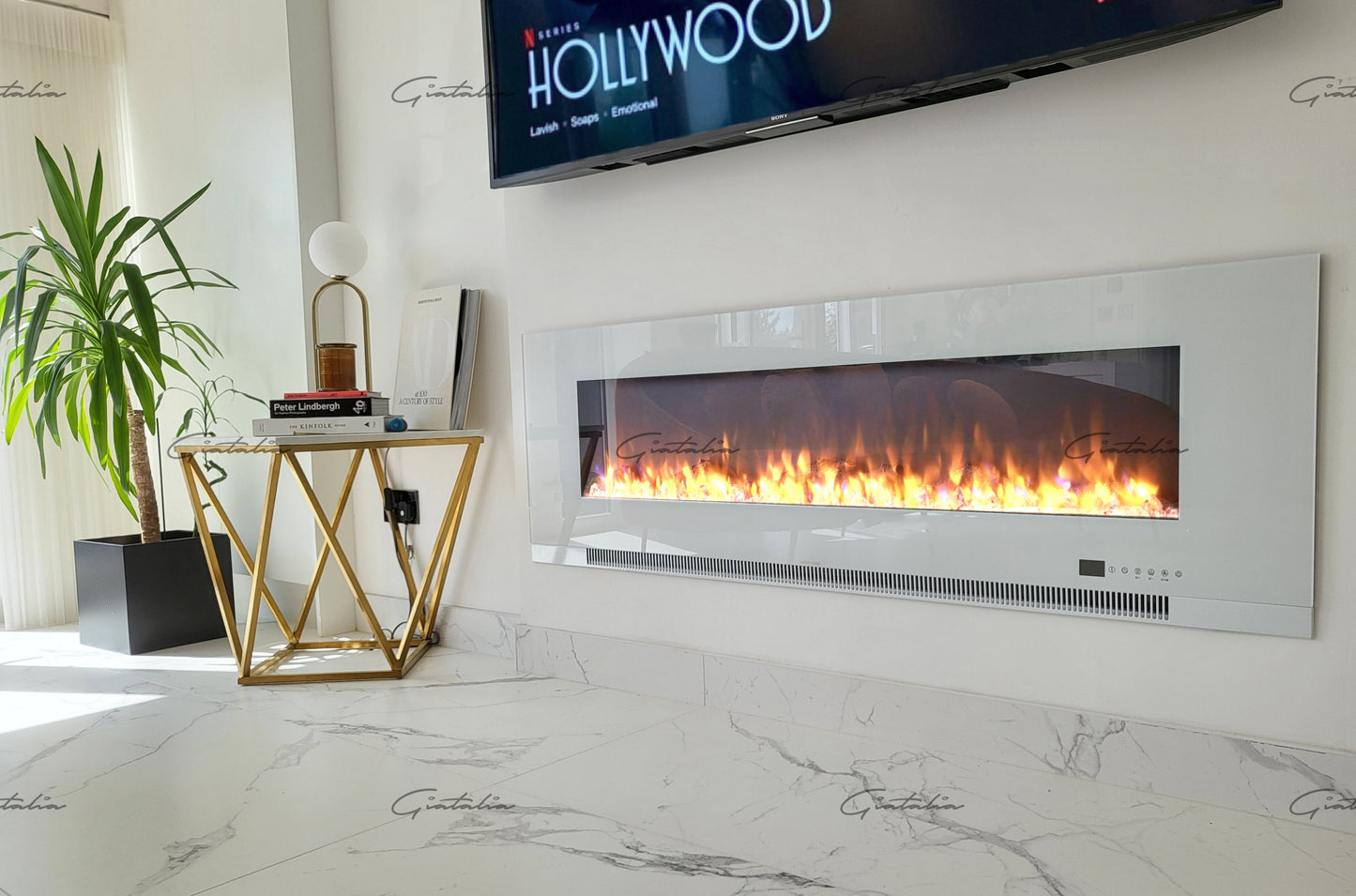 Aurora White 60 Inch Insert Electric Fire Colour LED Glass Wall Mounted Inset