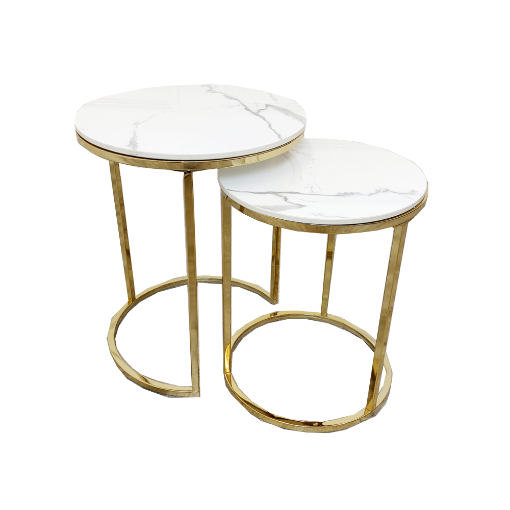 Cato Nest of 2 Tall Gold End Coffee Tables with Polar White Sintered Stone Tops