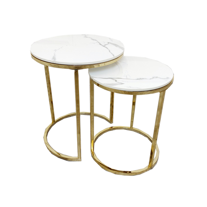 Cato Nest of 2 Tall Gold End Coffee Tables with Polar White Sintered Stone Tops