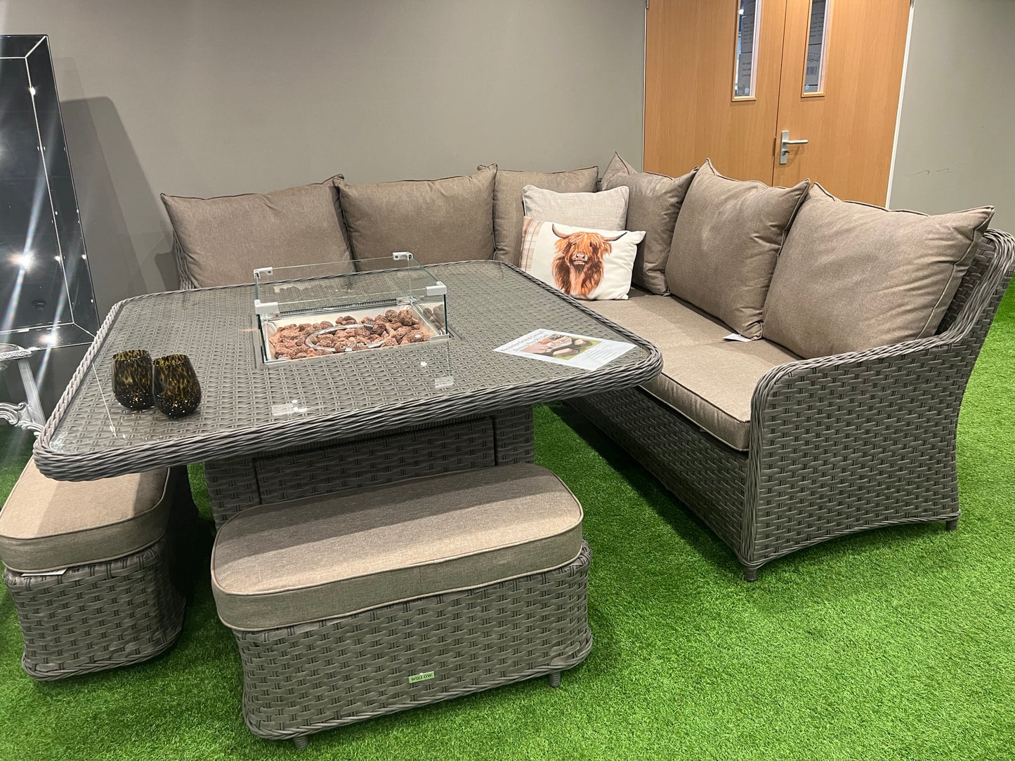 Bespoke Grand Casual Dining Fire pit set - Corner rattan set with square fire pit table - grey weave with truffle cushions